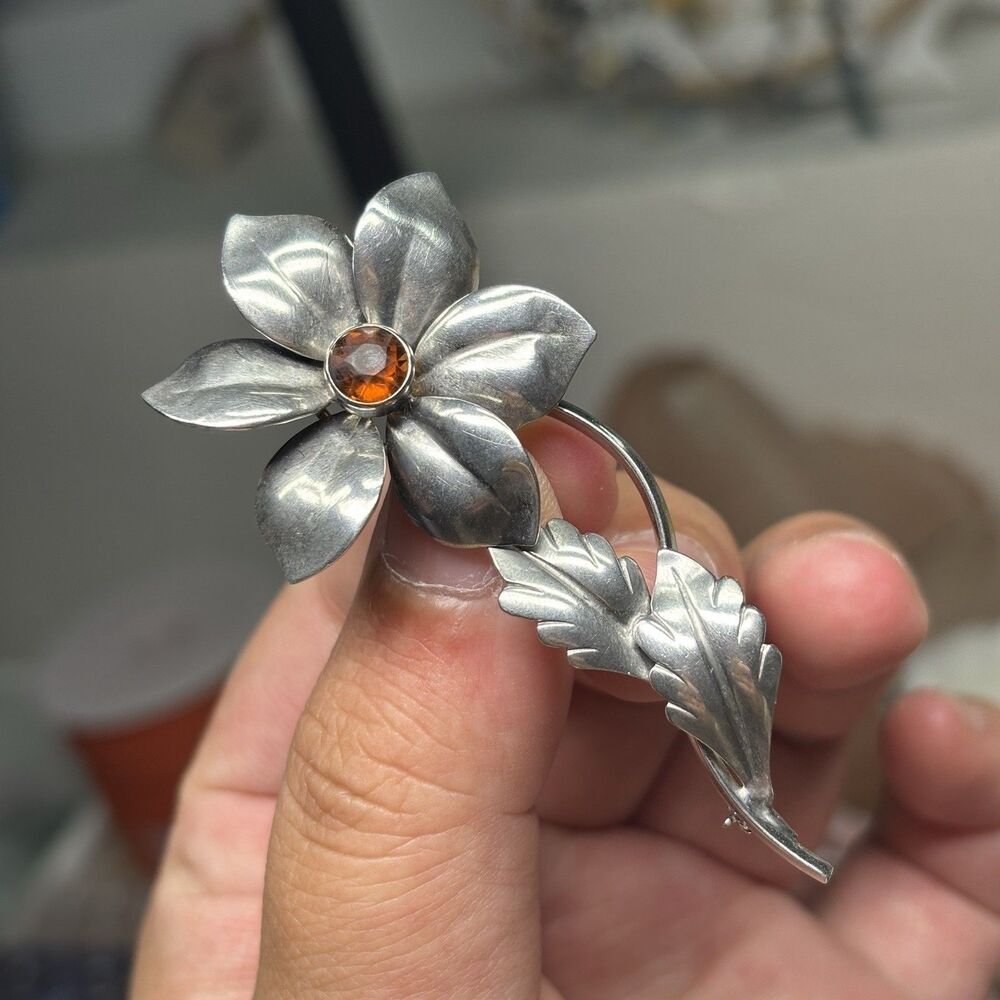Vintage Sterling Silver Flower Brooch Amber Tone Cabochon Floral Pin